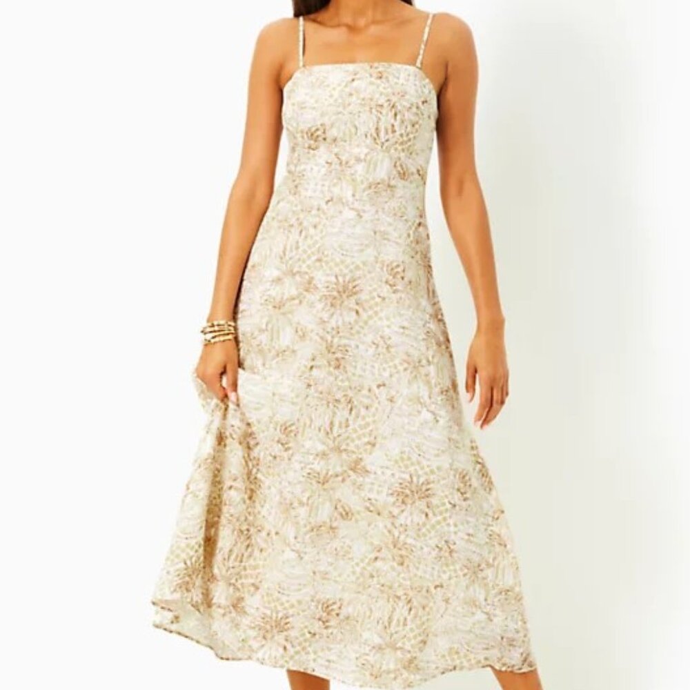 NWT Lilly Pulitzer Size 14 Jorgian Lenin Midi Dress in White and Tan Toile